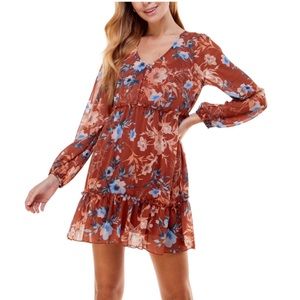 City Studio Junior’s Floral Long Sleeve Button Front Tiers Lined Short Dress NWT